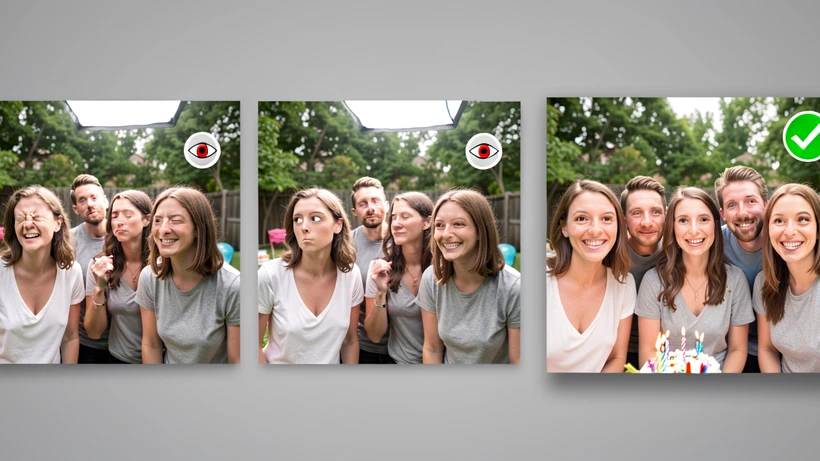 Three burst-mode photos of the same six-person group at a backyard birthday, arranged left-to-right on a soft gray background; in each frame a different person is mid-blink or looking away, marked with a small red eye icon. To the right, a fourth merged photo shows all six people smiling with open eyes, marked with a green checkmark, illustrating the composite result. Even diffused daylight from a large softbox above, neutral white balance, gentle shadows on the gray surface. Clean editorial product-comparison style, calm tutorial mood.