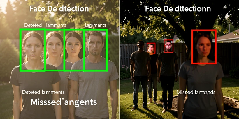A diagram comparing two face detection scenarios overlaid on a single group photo of six people standing at varying distances from the camera. On the left half, three nearby faces show green bounding boxes with detected landmarks; on the right half, three smaller back-row faces show red boxes and missed landmarks, including one face partially obscured by another person's shoulder. The setting is a sunlit backyard with one person in shadow under a tree, illustrating mixed indoor-outdoor light. Soft afternoon side light from the upper left, warm temperature, with crisp detail on the green boxes and slightly muted color on the failed detections. Documentary infographic style, clean white annotations.