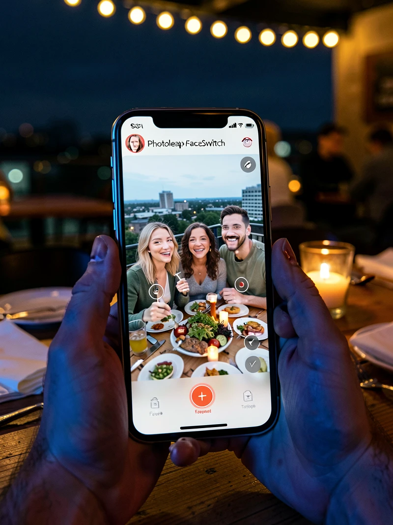 A close-up of a smartphone held vertically in two hands, showing the Photoleap FaceSwitch face selection screen with a group selfie of four friends at a rooftop dinner. Each detected face has a small circular tap-target overlay. The phone screen glows softly while the surrounding café table is dimly lit with warm string lights overhead and a candle on the table. The light source is the screen itself, cool blue tones on the holder's fingers, contrasting with warm tungsten ambient light on the wooden table and napkins. Photojournalistic editorial style, shallow depth of field, mood: focused, evening, friendly.