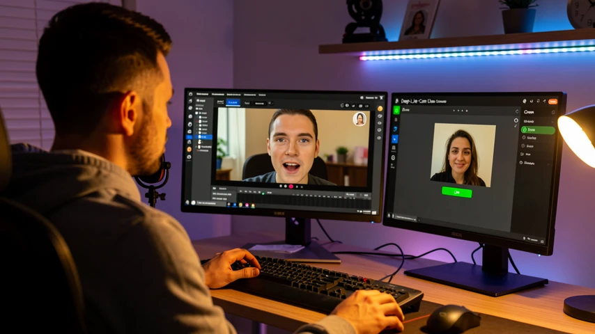 A streamer sitting at a dual-monitor desk in a softly-lit home studio, head turned slightly toward the webcam, while one monitor shows OBS Studio with a virtual camera preview displaying a real-time swapped face overlaying the streamer's own face, and the second monitor shows the Deep-Live-Cam interface with a single reference photo loaded and a green "Live" button pressed. Warm tungsten key light from the front-right, cool RGB rim light from a backlit shelf, shallow depth of field, late evening atmosphere with monitor glow as the dominant light source. Cinematic editorial photography style, sharp focus on the OBS preview.