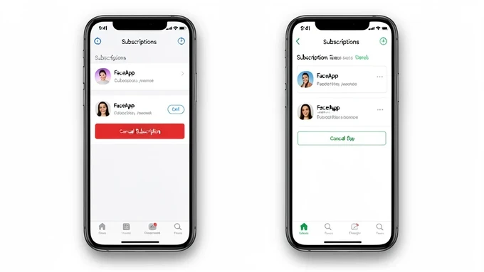 Two phone screens arranged side by side, the left showing the iOS 'Subscriptions' page with a 'FaceApp' row selected and a red 'Cancel Subscription' button, the right showing the Google Play 'Subscriptions' screen with the same FaceApp entry and its cancel option. Clean app interfaces on white backgrounds, a subtle drop shadow under each device. Even soft studio light, cool neutral tone, crisp screenshot clarity, an instructional tutorial style.