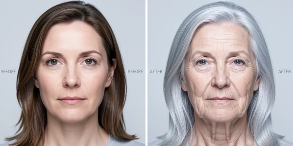 A split-screen before-and-after of one woman's face, her natural portrait in her thirties on the left and an AI-aged version on the right showing silver hair and soft wrinkles. She faces the camera directly against a plain light-gray studio backdrop. A thin white divider separates the halves with small uppercase gray labels 'BEFORE' and 'AFTER'. Soft diffused frontal light, neutral cool temperature, even skin shadows, clean editorial mood.