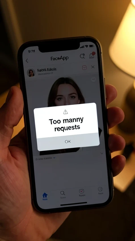 A smartphone held in one hand displaying FaceApp's editor with a centered modal error reading 'Too many requests' in bold dark text on a white card, a small alert icon above it and a gray 'OK' button below. The editing canvas with a half-finished portrait sits dimmed behind the modal. Shot from a slight overhead angle, indoor warm lamp light from the right, soft reflections on the glass, a mood of mild frustration.