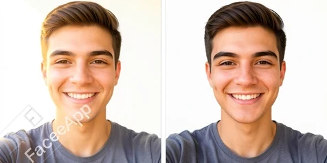 Two identical selfie exports placed side by side, the left frame lower-resolution with a visible diagonal 'FaceApp' watermark across the corner and softer detail, the right frame crisp and watermark-free. A young man smiles at the camera in both versions. A plain white background sits behind the pair with a slim vertical gap between them. Bright soft daylight from the upper left, warm skin tones, a faint shadow under the chin, clean commercial-comparison style.