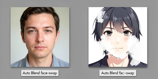 A side-by-side comparison of two Auto Blend face-swap results in matching frames. The left frame holds a photographic portrait with a cleanly blended swapped face; the right frame holds an anime illustration where Auto Blend has smeared washed-out color and white patches across the entire image, far beyond the face. Each frame floats on a studio-neutral gray backdrop with a thin label strip beneath. Soft balanced daylight on the photo, flat illustrative color on the anime. Comparative, evidential, screenshot-real.