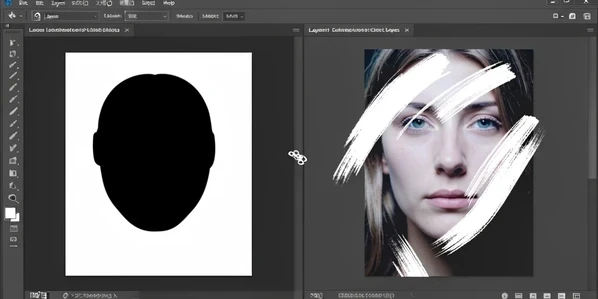 A Photoshop Layers panel split into two halves showing the same face layer twice. On the left the mask thumbnail is solid black and the canvas face area sits empty white; on the right the mask carries white brush strokes and the swapped face is revealed underneath. Set inside the dark-gray Photoshop interface with crisp panel rows and a small chain icon between layer and mask. Soft cool screen light from the monitor, no glare on the panel. Precise, instructional, screenshot-real.