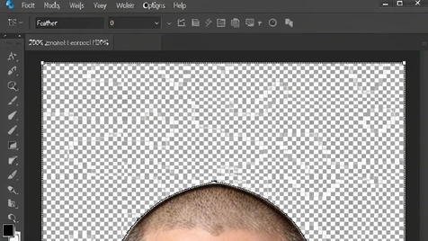 The Photoshop tool options bar across the top with the Feather field clearly showing the value "0", positioned above a 200% zoomed canvas view of a cut-out face edge. Transparent checkerboard pixels extend past the dotted marching-ants selection line, exposing the hidden deletion. Rendered in the dark Photoshop interface with a sharp magnified pixel grid and jagged edge. Flat, even editor lighting in a cool neutral tone, no shadows. Diagnostic, technical, screenshot-real.