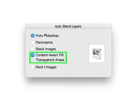 The Photoshop Auto Blend Layers dialog box centered on screen with the "Content-Aware Fill Transparent Areas" checkbox highlighted by a thin bright outline. Two small inset states beside it show the box checked and unchecked. Built as a standard gray macOS dialog with radio buttons for Panorama and Stack Images stacked above the checkbox. Soft, uniform interface light with a faint drop shadow under the floating dialog. Clear, instructional, screenshot-real.