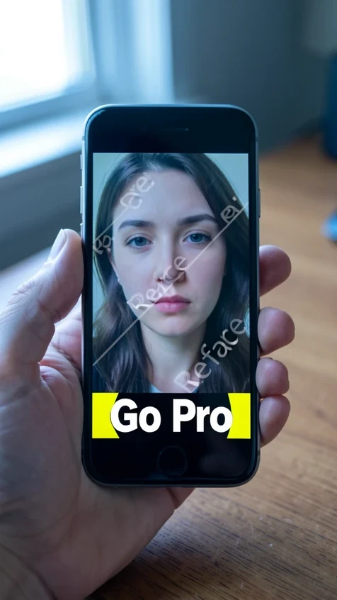 A smartphone held in one hand displays a face-swapped selfie with a faint diagonal 'Reface' watermark across it and a bright banner near the bottom reading 'Go Pro' in white bold text. The phone sits against a blurred wooden desk. Soft daylight from a window on the left falls across the screen, cool and even, casting a gentle reflection on the glass. The mood is everyday and slightly frustrating.