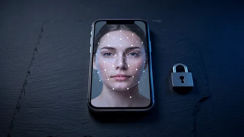 A human face on a phone screen overlaid with a grid of biometric landmark dots that dissolve and fade into nothing, suggesting the points are processed then discarded rather than stored. The phone rests on a dark slate surface beside a small padlock icon. Cool blue rim light from the right edges the phone, with a soft shadow pooling beneath it. A calm, reassuring, security-focused atmosphere.