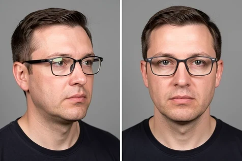 A two-frame before-and-after of a man wearing glasses photographed at a slight three-quarter side angle. The left frame shows a failed face swap with smeared glasses frames and misaligned eyes; the right frame shows a clean swap after he removed the glasses and faced the camera straight. A plain grey studio backdrop sits behind him. Soft frontal light, neutral temperature, falls evenly with no harsh shadows. An instructional, matter-of-fact mood.