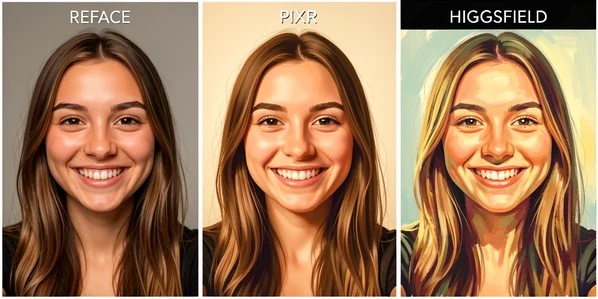 Three vertical portrait panels sit side by side showing the same smiling young woman's selfie after face swapping in three different tools, labeled in small white capitals 'REFACE', 'PIXLR', and 'HIGGSFIELD' along the top edge. The leftmost looks photoreal with matched skin tone, the middle slightly stylized, the right rendered in a painterly style. Studio softbox light from the front, warm and flattering, evenly lit. A clean comparison atmosphere.