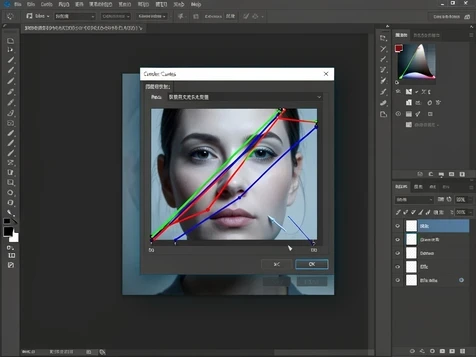 A Photoshop Curves dialog box floats over a portrait of a swapped face, with the Red, Green, and Blue channels each shown as separate adjusted diagonal lines. A retoucher's cursor drags a control point on the Red channel curve downward. The workspace sits on a dark grey interface with floating panels. A soft cool monitor glow lights the dialog from the front, crisp and even, giving a focused, technical editing mood.