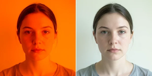 Two versions of the same head-and-shoulders photo sit side by side. The left frame carries a heavy orange Instagram filter that floods the skin with saturated warmth. The right frame shows the same person unfiltered, with true neutral skin values against a plain pale background. Even, soft daylight from a window lands on the face at a gentle angle, natural and true to color, calm and comparative in mood.