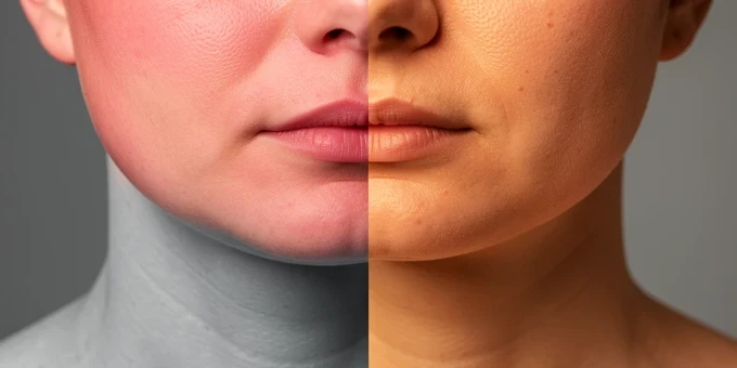 A close-up portrait split into two halves shows a swapped face above the jaw. On the left, the face reads warm and pink while the neck below stays cool and grey, leaving a hard seam at the jaw line. On the right, face and neck blend into one even tone with the texture intact. Soft frontal studio light, warm and diffused, falls across the skin, documentary and clinical in feel.