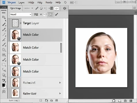 A Photoshop Layers panel shows a target face layer marked with a small Smart Object badge on its thumbnail, while the open Image menu reveals a greyed-out 'Match Color' entry. A second view beside it shows the same layer after rasterizing, with 'Match Color' now in active black text. Even soft white light falls across the flat interface, clean and screenshot-sharp, instructional and matter-of-fact in tone.