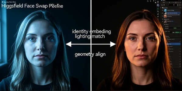 A split editorial diagram showing the Higgsfield Face Swap pipeline, on the left a source portrait of a woman lit by soft window light, on the right the same pose with a different target identity embedded, arrows between them labeled "identity embedding", "lighting match", and "geometry align" in a clean sans-serif. Set against a dark studio backdrop with a faint workspace UI panel. Cool blue key light from the left rakes across both faces, warm rim light separates them from the background, soft shadows. Crisp, technical, product-explainer atmosphere.