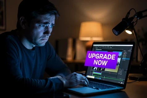 A frustrated content creator sitting at a desk at night, staring at a laptop screen that shows a bright modal pop-up reading "UPGRADE NOW" in bold white capitals over a purple gradient button, partially blocking a video-editing canvas behind it. Set in a dim home studio with a microphone arm in soft focus. The laptop screen is the main light source, casting cool blue light up onto the creator's tired face, warm desk lamp glow behind. Tense, mildly annoyed atmosphere, candid documentary style.