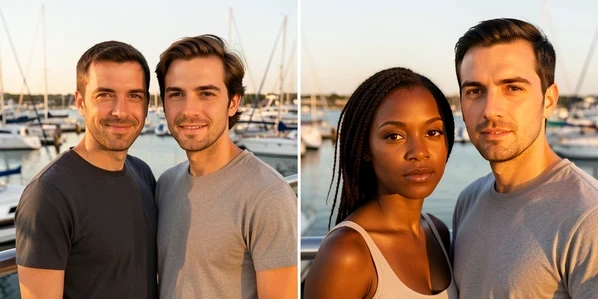 A split before-and-after of one harbor vacation photo of a couple, the left half showing the original two people standing close at a marina railing and the right half showing the same pose after an AI face swap with two new faces blended in. A woman with deep brown skin stands beside a man with lighter olive skin, both faces sharp and naturally lit. Soft late-afternoon sun rakes in from the left, warm and low, casting gentle shadows along each jaw and matching across both halves. Calm, candid, photographic atmosphere.