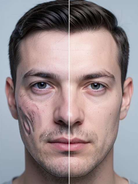 A close-up comparison of one partner's swapped face, the left version smeared and warped around the cheek and hairline with visible blur, the right version sharp and natural after re-uploading a clearer source. A man's face fills most of the frame against a soft neutral studio backdrop. Even, soft frontal light falls from straight ahead at a cool-neutral temperature, revealing fine skin detail and a clean hairline on the corrected side. Clinical, instructive, photographic clarity.