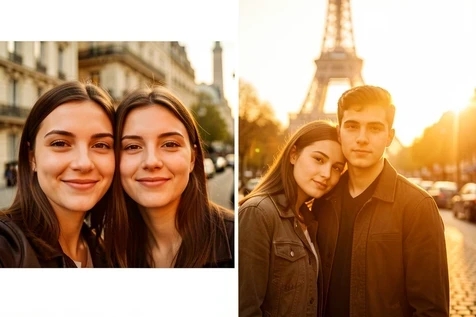 Two separate solo selfies on the left feeding into one generated couple image on the right, where a young couple stands together on a Paris street with the Eiffel Tower softly out of focus behind them. The woman rests her head on the man's shoulder, both looking at the camera. Warm golden-hour light spills from the right at a low angle, wrapping both faces in the same amber glow and matching their skin tones into one consistent scene. Romantic, dreamy, editorial mood.