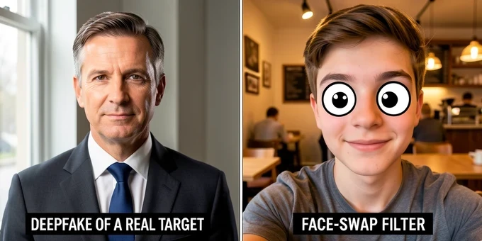 A two-panel comparison split down the middle by a thin vertical divider. On the left panel, a polished studio-style portrait of a fictional middle-aged businessman in a suit, rendered with photographic realism, with a small caption strip reading "DEEPFAKE OF A REAL TARGET" in white uppercase. On the right panel, a casual smartphone selfie of a young person at a cafe wearing a playful cartoon face-swap filter with oversized eyes, caption strip reading "FACE-SWAP FILTER" in white uppercase. Soft daylight on the left from a window at forty-five degrees, warm cafe light on the right, the contrast in lighting underscoring that one is engineered and one is casual.
