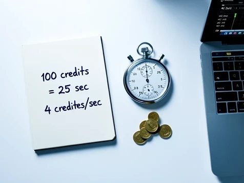 A flat-lay infographic-style desk scene showing a notepad with handwritten math reading "100 credits = 25 sec" and "4 credits/sec" in dark blue ink, beside a stopwatch frozen at 25 seconds and a stack of coin-like credit tokens dwindling to a few. A laptop edge shows a capped 40-second video timeline. Sharp overhead lighting falls cool and even across the white desk, casting crisp short shadows under the stopwatch and tokens. The mood is clinical and revealing, like exposing a hidden cost.