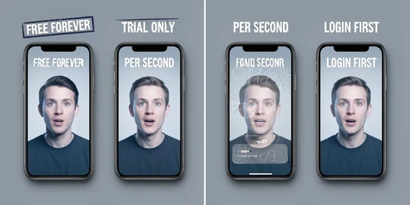 A split comparison panel showing four smartphone-style screens side by side, each labelled with a stamped header reading "FREE FOREVER", "TRIAL ONLY", "PER SECOND", and "LOGIN FIRST" in bold uppercase white text across the top of each screen. Each screen displays a stylised talking-head avatar, with the third screen showing a translucent watermark overlay and a small credit counter, set against a clean studio backdrop. Soft, even front lighting falls cool and diffuse across the screens, casting faint shadows beneath each device on a matte grey surface. The mood is analytical and clear, like a product teardown.