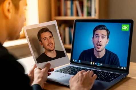 A close-up of a person sitting at a desk holding a printed photo portrait up beside their laptop screen, where a generated talking avatar of the same face is mid-speech with a small green "4K" badge in the corner. Their other hand rests on the trackpad. The scene sits in a home office with a softly blurred bookshelf behind. Warm window light from the left falls soft across the person's face and the printed photo, while the cooler laptop glow lifts the avatar on screen. The mood is focused and hands-on.