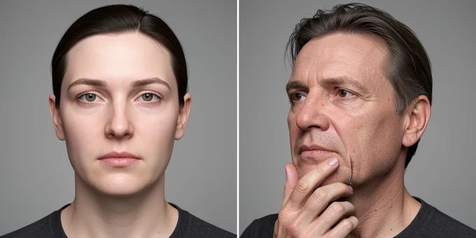 A side-by-side comparison of one portrait swapped twice. On the left a clean front-facing face renders crisply with a believable synthetic identity; on the right the same person turned forty degrees with a hand near the jaw shows smeared edges and a misaligned blend line. A neutral grey studio background sits behind both. Even diffused light from above keeps shadows minimal so the rendering flaws stay visible. The mood is analytical, like a lab test sheet.