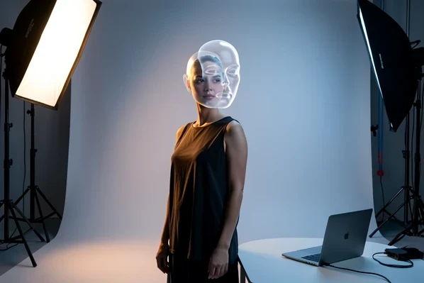A commercial photography set where a model stands under a softbox while a translucent synthetic face hovers over her real one, mid-replacement. The studio backdrop, light stands, and a tethered laptop fill the frame. A soft key light from camera-left falls warm across her shoulder and the seamless paper, while a cool fill softens the shadow side. The mood is clinical yet creative, signalling identity removal rather than playful swapping.