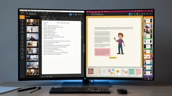 A split-screen interface comparison on a wide monitor: the left half shows a slide-deck video editor with a vertical filmstrip of numbered scenes and a script panel, the right half shows a free-form creative canvas with a draggable avatar, text overlays, and a template gallery strip. The screen sits on a designer's desk with a stylus nearby. Distinct UI accent colors separate the two halves. Even, neutral screen-lit glow with a faint cool reflection across the glass. The mood is practical and comparative.