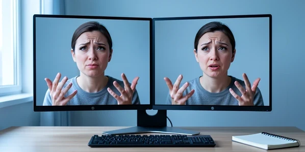 Two photorealistic AI presenter avatars displayed side by side on a split computer monitor, each mid-sentence with subtle facial micro-expressions and raised hands gesturing. The setting is a tidy content studio desk with a keyboard and notepad. Fine skin texture, individual eyelashes, and soft mouth movement detail show on both faces. Cool daylight from a window on the left falls evenly across both screens, casting gentle shadows under the chins. The mood is analytical and calm.