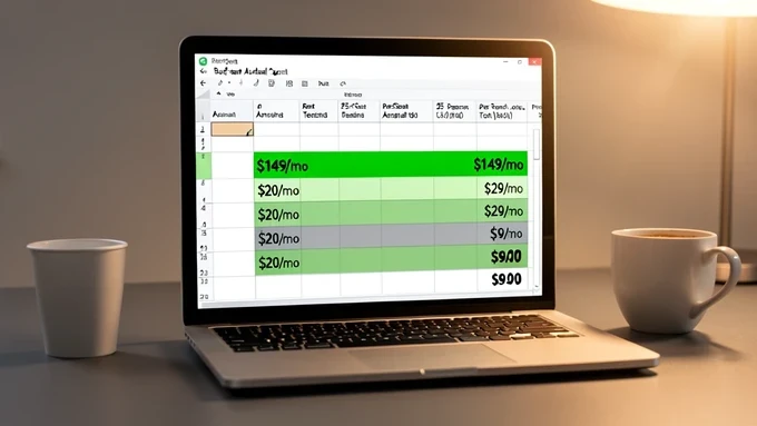 A clean budgeting spreadsheet open on a laptop screen showing a per-seat annual cost breakdown for a 25-person team, with one highlighted primary-seat row reading "$149/mo" and stacked rows of "$20/mo" add-on seats below it summing toward a bold total. The laptop rests on a matte office desk beside a coffee cup. Crisp green and gray cell shading marks totals. Soft warm overhead light falls from the upper right, glinting faintly off the screen edge. The mood is focused and businesslike.