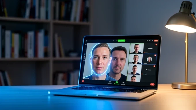 A presenter sitting at a desk during a video call, their face being swapped in real time inside a laptop screen that shows a Zoom-style grid, the swapped face rendered with natural skin tone. Set in a modern home office with a bookshelf softly blurred behind. A faint glowing outline traces the face to suggest live processing. Lit by a cool blue screen glow from the front and a warm desk lamp from the right, soft directional light shaping the cheek, producing a focused contemporary tech mood.