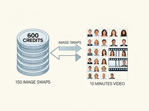 A clean financial diagram showing a stack of credit coins labeled "600 CREDITS" splitting into two arrows, one pointing to a grid of 150 small portrait thumbnails marked "150 IMAGE SWAPS" and the other to a film strip marked "10 MINUTES VIDEO". Set against a flat off-white studio background. Crisp vector-style icons with thin labeled callout lines. Soft even overhead lighting, cool neutral temperature, no harsh shadows, giving a calm explanatory infographic feel.
