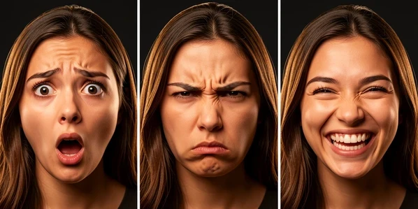 A three-panel set of the same young woman's face generated from one trained AI model, left panel shocked with raised eyebrows and open mouth, center panel angry with furrowed brow and clenched jaw, right panel delighted with a wide grin, each expression unmistakably the same person. Studio-style key light hits each face from the upper left, warm and soft, with a faint rim light separating hair from a plain dark backdrop. Bold uniform skin tone across all three, consistent identity, a clean catalog of emotions ready for thumbnails.