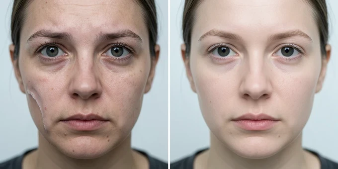 A side-by-side comparison of one YouTube thumbnail, left half showing a badly swapped face with smeared cheekbone, a mismatched skin tone seam along the jaw, and one eye larger than the other, right half showing the same thumbnail repaired with a clean natural face and even skin. A thin vertical divider splits the two halves. Even diffuse light falls across both versions so the difference reads as quality, not lighting, cool neutral white balance. Documentary clarity, a clear before and after with no decoration.