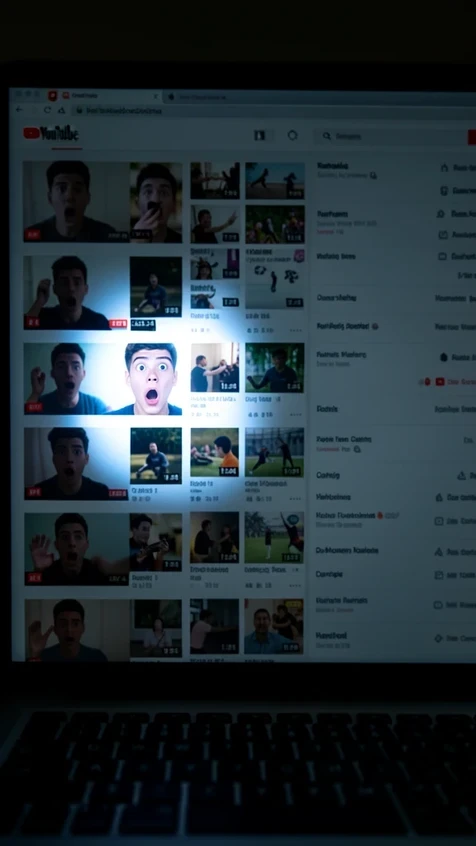 A YouTube watch-page sidebar rail filled with video thumbnails, with one thumbnail glowing slightly brighter than the rest because it shows a young male creator's real face in a wide-eyed shocked expression, mouth open, while the surrounding thumbnails show dull auto-grabbed mid-motion frames. The camera looks straight at a laptop screen. Crisp screen glow lights the standout face from the front, cool blue-white monitor light, while the neighboring thumbnails sit in flatter dim tones. Sharp focus on the standout, soft attention falloff on the rest, a quiet practical lesson in contrast.
