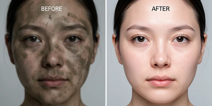 A side-by-side comparison of one swapped portrait, the left half labeled 'BEFORE' in small white uppercase sans-serif and showing a soft, slightly blurred face with muddy skin texture, the right half labeled 'AFTER' showing the same face crisp and detailed after GFPGAN restoration with defined eyes and clean skin pores. A thin vertical divider splits the two. Even, neutral studio lighting from the front keeps both halves identically lit so only the processing differs. Clinical, evidence-style mood.