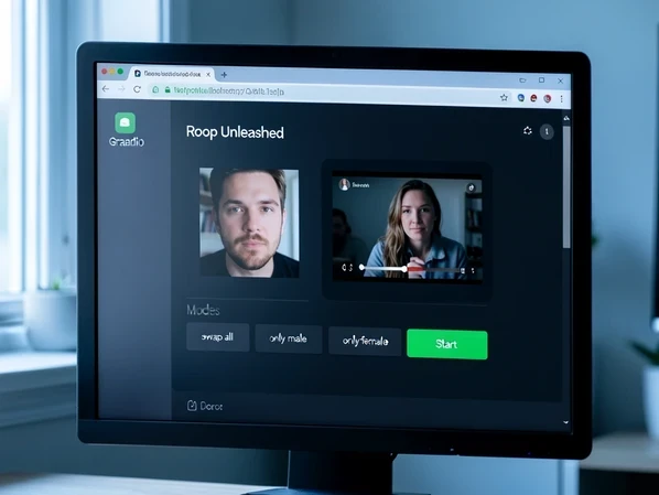 A developer's screen showing the Roop Unleashed Gradio interface open in a browser at localhost port 7860, with a source face thumbnail on the left, a target video frame on the right, and a row of mode buttons reading 'swap all', 'only male', 'only female'. The cursor hovers over a green 'Start' button. Soft cool daylight from a side window falls across the matte monitor, leaving gentle highlights on the bezel and a calm low-contrast glow on the dark UI panels. Focused, technical, quietly confident mood.