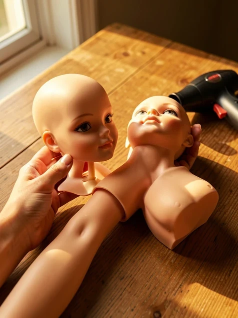 Two fashion dolls held close together on a wooden tabletop, one hand holding a loose doll head beside the donor body's bare arm to compare the skintone and neck fit before swapping. The detached head shows a hollow neck cavity and the body shows a slim vinyl neck peg. A small handheld hairdryer rests on the table nearby. Warm afternoon window light comes from the left, soft and golden, casting gentle shadows across the wood grain. The mood is careful and hands-on.