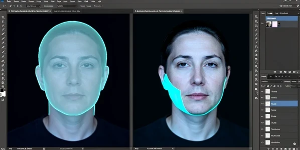 A split-screen Photoshop canvas showing the same portrait twice, left side with a translucent donor head set to fifty percent opacity revealing the original head's wider outline beneath it, right side with the opacity restored to full. A bright cyan onion-skin overlay traces where the two outlines diverge along the cheek and jaw. The scene sits inside a dark Photoshop workspace with the Layers panel visible on the right. Cool monitor light falls evenly across the screen from the front, crisp and slightly blue, with no glare. The mood is precise and diagnostic.