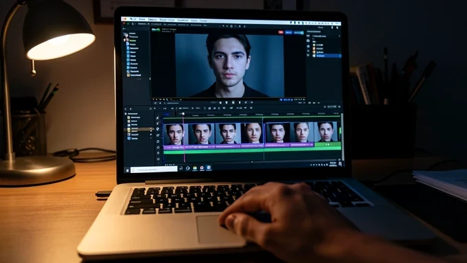 A free video editor timeline on a laptop screen, showing a strip of swapped face frames laid out in sequence ready to render into one clip, with a preview window above displaying a single composited face. A hand rests on the trackpad mid-edit. Set in a dim home office at night. Warm desk-lamp light from the left rakes across the keyboard while the screen casts a cool glow on the user's face. Focused, late-session mood.