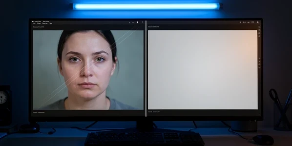 A split-screen comparison of two identical deepfake video stills side by side on a dark editing monitor, the left frame showing a faint semi-transparent diagonal watermark across a person's face and the right frame perfectly clean with no overlay. A thin vertical divider separates them. Cool blue monitor backlight falls from above, soft and even, with a slightly warmer glow on the clean right panel. Calm, technical workspace atmosphere.