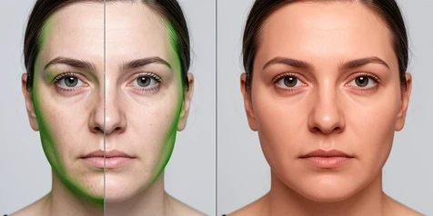 A close-up before-and-after of a deepfake face on screen, the left half showing a hard visible seam and a greenish color mismatch along the jaw and hairline, the right half the same face after smoothing and color correction with skin tones blended evenly. A faint vertical split-line marks the midpoint. Neutral daylight-balanced studio light falls straight on, soft and shadowless, making the seam difference obvious. Clinical, detail-focused tone.