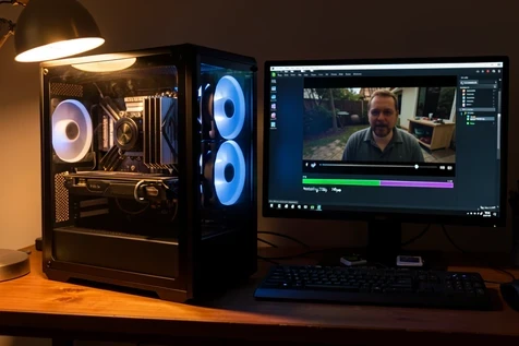A desktop computer with a side-panel glass case sits on a wooden desk, its large graphics card glowing faintly while a progress bar on the adjacent monitor reads "Rendering 720p / 24fps". A short looping video clip plays in a preview window beside the terminal. Warm tungsten desk lamp light rakes across the metal GPU heatsinks from the left, while cool blue case fans backlight the components. Focused, late-evening maker atmosphere.