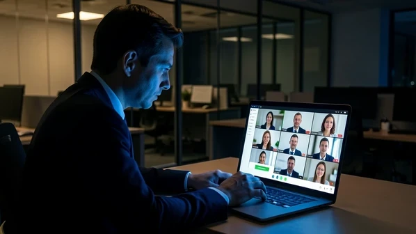 A finance employee sits alone facing a laptop whose screen shows a grid of video-call tiles, each tile holding a slightly too-smooth face of a colleague. The worker leans forward, hand hovering over a wire-transfer confirmation. Setting is a quiet corporate office at night, empty desks behind glass. Cool blue monitor light falls hard across one side of the face while the room stays in warm dim shadow, the clash hinting that something on screen is not real. Tense, uneasy mood.