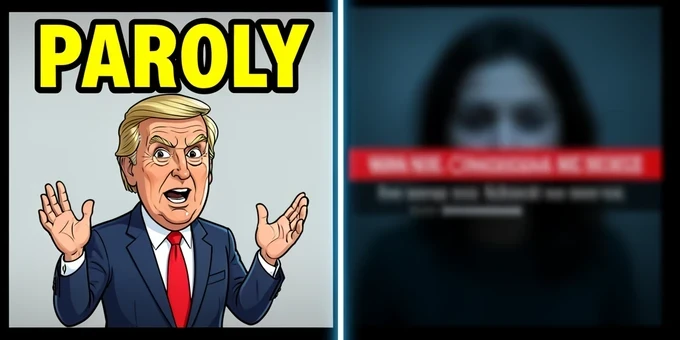 A split-screen comparison on a single monitor. The left half shows a video clip stamped with a bold yellow caption reading "PARODY" in capital letters across the top, a cartoonish exaggerated politician mid-gesture. The right half shows a dark, heavily blurred video tile marked with a red warning bar, suggesting non-consensual content withheld from view. A thin bright divider splits the two. Even, neutral screen light across both halves, slightly cooler on the right. Clinical, explanatory mood.