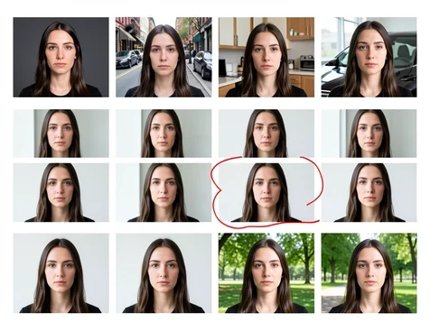 A four-by-three grid of headshots of the same generated woman, each cell a different prompt context: studio, street, kitchen, car, office, park and more. Eleven cells show the identical face and one cell is circled in red marker as an off-model reject where the jawline differs. Flat, neutral gallery lighting so features compare cleanly, cool daylight balance, minimal shadow. A thin red hand-drawn circle marks the single inconsistent frame. The layout works as a quality-control board.